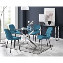 Furniturebox leonardo 120cm Modern Glass And Chrome Metal Leg Dining Table And 4 Blue Pesaro Velvet Black Leg Dining Chairs