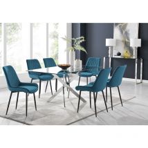 Furniturebox leonardo 150cm Modern Glass And Chrome Metal Leg Dining Table And 6 Blue Pesaro Velvet Black Leg Dining Chairs