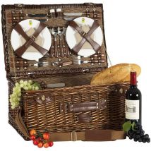 Cestino da Picnic Palais Royal - Vimini Natural - Completo/4 Pers - Scomparto Isotermico - Piatti in Ceramica/Calici in Vetro - Tessuto Marrone - 56