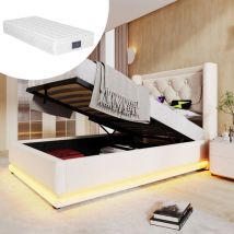 Letti a contenitore imbottito, letti idraulico per adulti, usb Tipo-C, led, cotone, 90 x 200 cm letti singolo, beige, materasso incluso