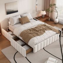 Letti con cassetti 140x200cm letti matrimoniale, letti adulto/bambino, 4 cassetti, senza testiera e materasso, velluto, beige