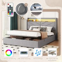 Hauss Spole - Letti contenitore 160 x 200 cm, letti matrimoniale adulto imbottito, usb e stereo, led, idraulico, lino, senza materasso, grigio