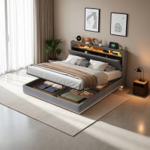 Letti contenitore 160x200cm letti per adulti con box letti, testiera matrimoniale con spazio contenitore, usb e led, lino, senza materasso, grigio