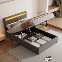 Letti contenitori 140x200cm letti per adulti, letti matrimoniale, led con telecomando, usb-c, lino, senza materasso, grigio