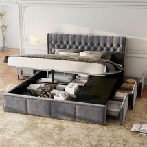 Letti contenitori 180x200cm letti matrimoniale con 3 cassetti, letti per adulti, design rivetto, velluto, senza materasso, grigio