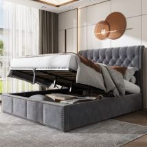 Letti contenitori 160x200cm letti adulto/bambino, letti matrimoniale, decorazione rivetto, velluto, senza materasso, grigio