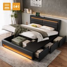 Letti contenitori, letto matrimoniale con 3 cassetti, LED, USB (wireless e cablata), senza materasso, PU, ​​nero, 160 x 200 cm