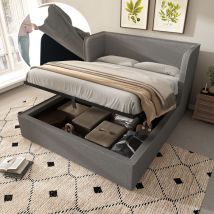 Hauss Spole - Letti contenitori, letto matrimoniale imbottito per adulti, rete a doghe, lino, senza materasso, grigio, 160×200 cm