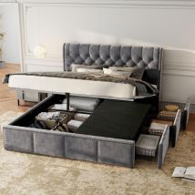 Hauss Spole - Letti contenitori, letto per adulti con 3 cassetti, letto matrimoniale imbottito, senza materasso, velluto, grigio, 140x190 cm