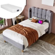 Modfu - Letti per adulti 90x200 cm letti per bambini con usb e Type-C, incluso materasso - letti singoli, lino, grigio
