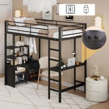 Hauss Spole - Letti soppalco 90x200cm, lettino per bambini con scrivania, presa e usb, ripiani portaoggetti, struttura in ferro, senza materasso, nero