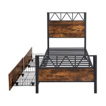 Lettino in metallo, colore legno vintage, due cassetti, metallo + mdf, nero + noce, 90x200 cm