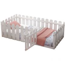 Lettino per bambini 90 x 200 cm, Struttura in legno con bordo e porta, bianco