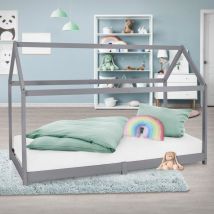 Lettino per Bambini e Bambine Forma di Casa con Tetto e Rete a Doghe 90 x 200 cm Letto a Capanna Stile Montessori in Legno di Pino Massiccio Grigio