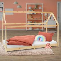 Lettino per Bambini e Bambine Forma di Casa con Tetto e Rete a Doghe 90 x 200 cm Letto a Capanna Stile Montessori in Legno di Pino Massiccio Naturale