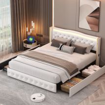 Tanant - Letto 140x200 cm - similpelle, letto matrimoniale con 4 cassetti e illuminazione led, testiera decorativa a rombi con porta di ricarica usb,