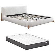 Vente-unique - Letto 160 x 200 cm Tessuto bouclette Bianco e Naturale + Materasso - gamura