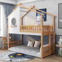 Letto a castello 200x90 cm con scaletta 2 ripiani, Letto per bambini con protezione anticaduta e barriera, Struttura in pino, Colore naturale