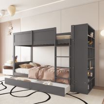 Letto a castello 90200, letto contenitore con ampio spazio di stivaggio, letto per bambini con cassetti e armadi, barriera di sicurezza e
