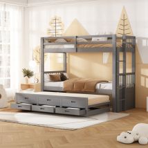Letto a castello 90x200 cm, letto per bambini, letto a casa per ragazze e ragazzi, struttura letto in pino e mdf con scala e letto estraibile e 3