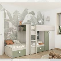 Toscohome - Letto a castello Siesta per due bambini con armadio e cassetti colore bianco vintage e verde