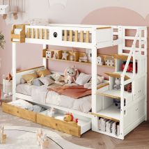 Letto a castello con scaletta, molto spazio per riporre gli oggetti, struttura in legno di pino e mdf, letto per bambini con 4 armadietti sulle