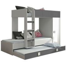 Letto a castello Hartford 191, Bianco + Grigio lucido + Bianco lucido, Castello con letto aggiunto, 90x200, 850x200, Truciolare laminato, Reti a