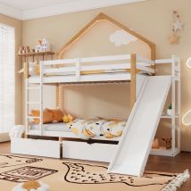 Wishdor - Letto a castello Letto a castello per bambini 90 x 200 cm in legno con strisce luminose, 2 cassetti, tetto e finestra, bianco e naturale