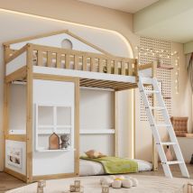 Wishdor - Letto a castello Letto per bambini 90 x 200 cm in pino con scale, protezione anticaduta e griglia, tetto e finestra, bianco e naturale
