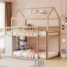 Letto a castello per bambini 90 x 200 cm, a forma di casetta, design con recinzione di sicurezza, con box portaoggetti e ripiani, letto a soppalco