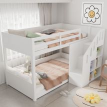Letto a castello per bambini 90 x 200 cm, struttura letto con scale, armadietti, ringhiera, senza materasso, bianco