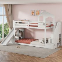 Letto a castello per bambini 90x200 cm 2 posti con scaffali di stoccaggio e scivolo, 2 doghe, senza materasso, bianco