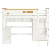 Gutent - Letto a castello per bambini 90x200 Cm, con parapetto, tavolo e armadio, bianco + naturale
