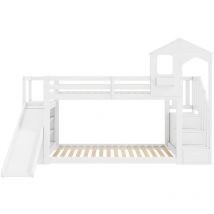 Letto a castello per bambini 90x200 cm, letto multifunzionale per bambini con scivolo e scala, mobile scala, mobile contenitore, legno massiccio,