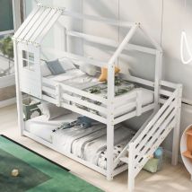 Pergar - Letto a castello per bambini 90x200 cm, soppalco 2 posti, tetto e finestre, ringhiera anticaduta, letto tipo cabina con scaletta, legno