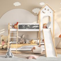 Letto a castello per bambini 90x200 cm, soppalco a 2 posti, letto scorrevole con scale, ringhiera e ardesia, letto a cabina, legno di pino massiccio,