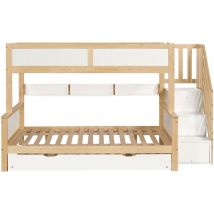 Gutent - Letto a castello per bambini con protezione anticaduta, sponde, letto a scomparsa, armadio, pino + mdf, bianco + naturale, 90x200 & 120x200