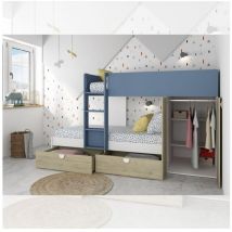 Letto a castello rovere e azzurro con armadio 2 ante e cassetti