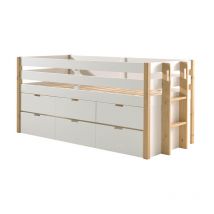 Vipack - Letto a mezza altezza Margrit 90x200 con rete a doghe e cassettiera - Bianco e legno