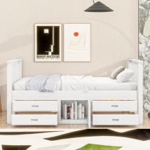 Letto a piattaforma 90x200 cm, letto per bambini, letto a piattaforma con 4 cassetti, con armadio portaoggetti, bianco