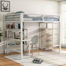 Letto a soppalco, 140200 cm, letto in ferro, scala portaoggetti, diversi ripiani, senza materasso, armadio a muro, scrivania, bianco
