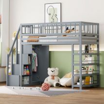 Redom - Letto a soppalco 90 x 200, recinzione alta di sicurezza con armadio, ripiani e spazio di stivaggio con scala di sicurezza, letto