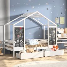 Letto a soppalco 90x200 cm, letto per bambini con due cassetti, due assi, legno massiccio, bianco