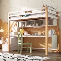 Wishdor - Letto a soppalco con scrivania, letto a soppalco per bambini 90x200 cm con scale e ripiani contenitori, naturale e bianco