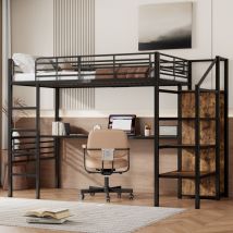 Letto a soppalco con scrivania, letto a soppalco 90x200 cm, letto a soppalco per adolescenti con gradini contenitore, armadio aperto, nero