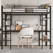 Redom - Letto a soppalco con scrivania, quattro piccoli ripiani e una grande libreria, nero, 90x200 cm