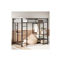 Wishdor - Letto a soppalco per bambini, letto a soppalco 140x200 cm con scrivania, scaletta, struttura letto in metallo con ripiani portaoggetti, nero
