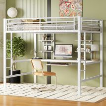 Letto a soppalco, 140200 cm, Struttura in metallo, Letto in ferro, Letto a soppalco con scrivania e due ripiani per bambini, adolescenti e adulti,