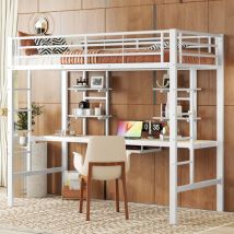 Letto a soppalco, 90200 cm, Struttura in metallo, Letto in ferro, Letto a soppalco con scrivania e due ripiani per bambini, adolescenti e adulti,