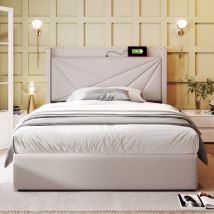 Wishdor - Letto contenitore Letto singolo imbottito 90 x 200 cm. Ricarica usb tipo c. In lino. Beige. Senza materasso